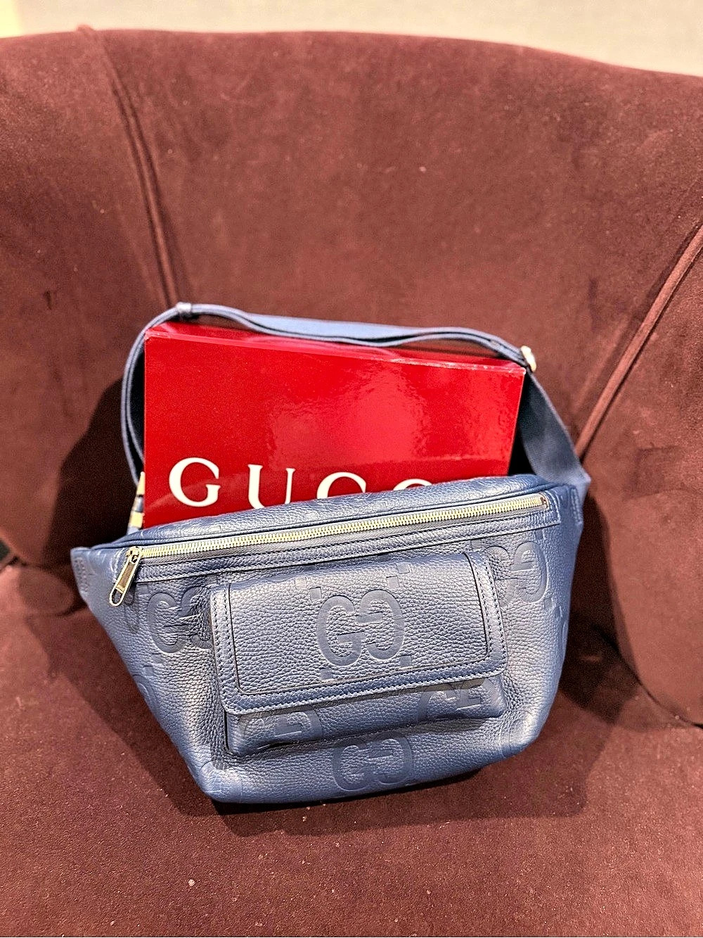 Gucci Jumbo GG Embossed Large Belt Bag Blue Crossbody Bag